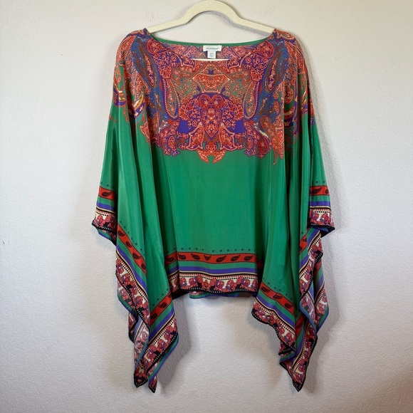 Sundance Sunrise Silky Green Caftan Poncho Top Handkerchief Hem Women's One Size - Picture 2 of 9